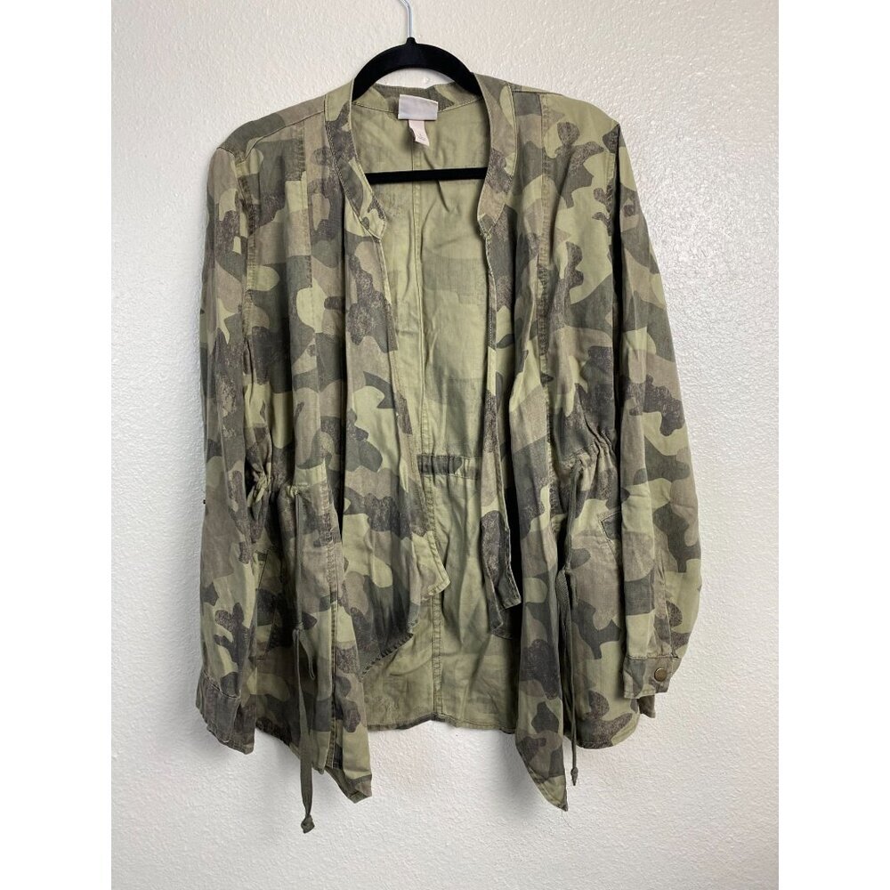 Knox Rose Utility Open Front Green Camo Cardigan Jacket Roll Tab Sleeve sz Large